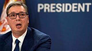 Serbian President Aleksandar Vucic addresses the nation at a news conference in Belgrade, Serbia, Sunday, Aug. 21, 2022