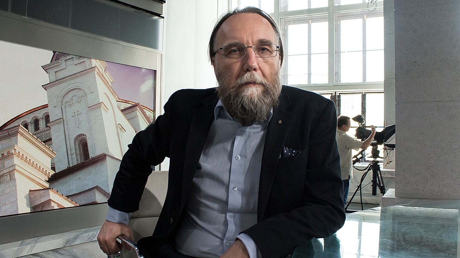 Alexander Dugin, the neo-Eurasianist ideologue, sits in his TV studio in central Moscow in August 2016