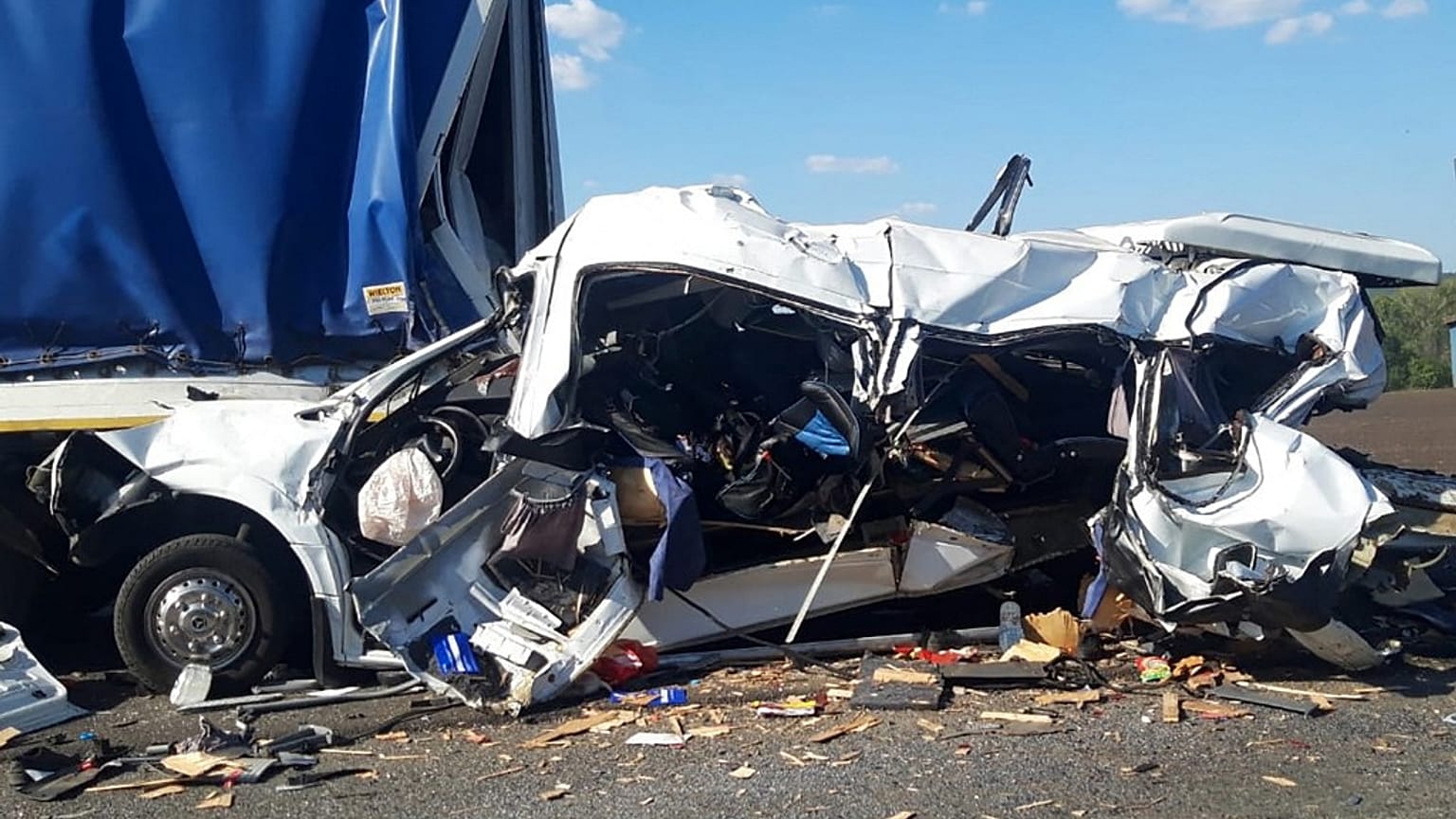 The Minibus was left severely damaged after the crash with two trucks.