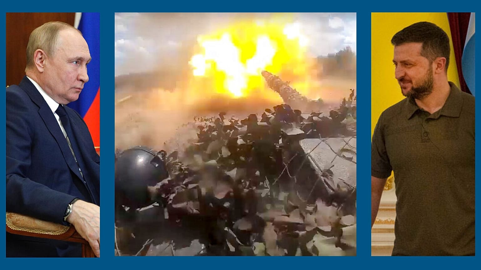 A g. : le président russe Vladimir Poutine (le 23/08/2022) / A dr. : le président ukrainien Volodymyr Zelensky (le 25/07/2022)