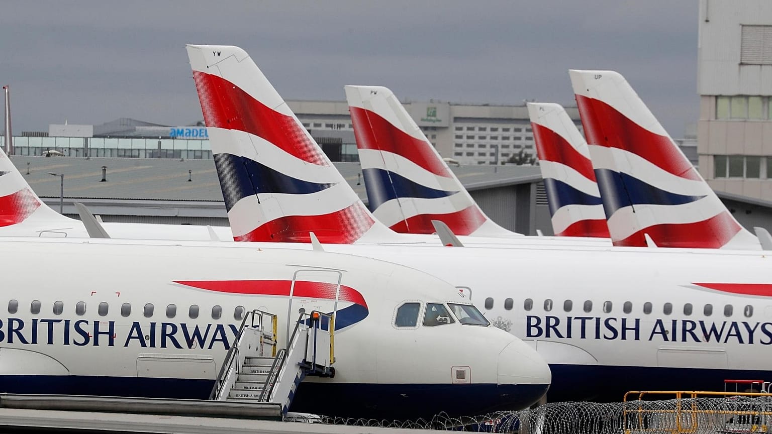 British Airways planes parked at Terminal 5 Heathrow airport in London.