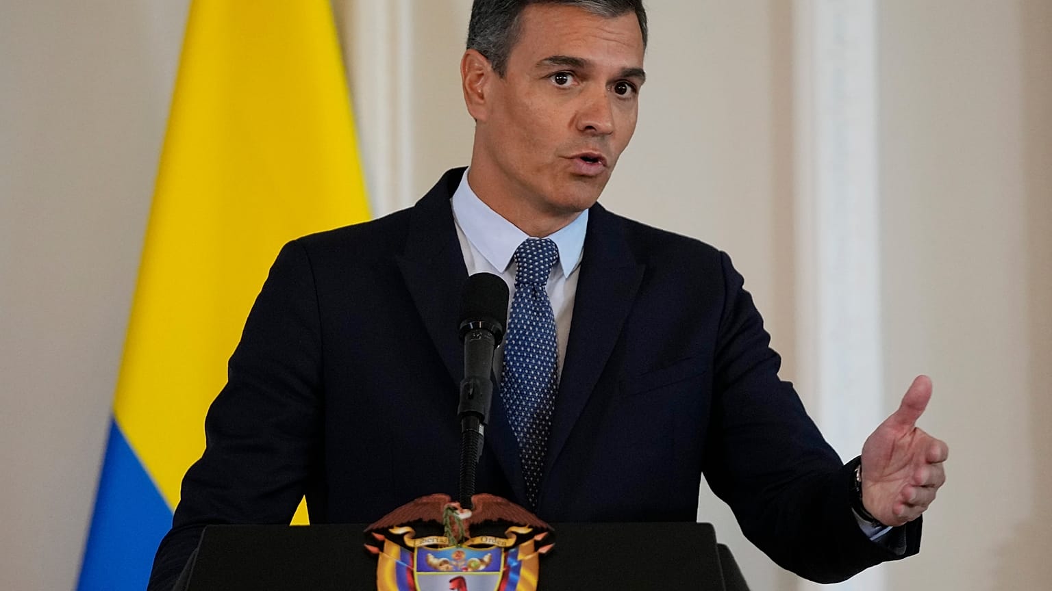 El presidente del Gobierno español, Pedro Sánchez, durante una declaración conjunta con el presidente de Colombia, Gustavo Petro, en Bogotá, Colombia, 24/8/2022