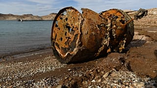 A rusted metal barrel, near the location at Lake Mead where a different barrel was found containing a human body