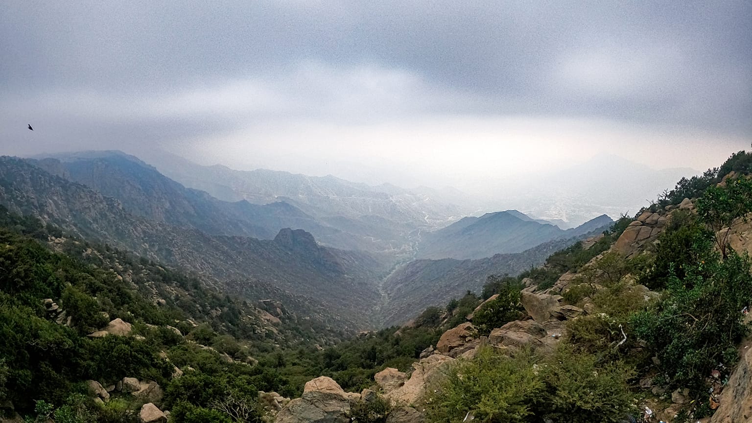 منظر لمنطقة النماص المعروفة "بمدينة الضباب" على بعد 120 كلم شمال مدينة أبها جنوبي غرب السعودية حيث تتسبب الرياح الموسمية بانخفاض درجات الحرارة خلال الصيف، 16 أغسطس 2022.