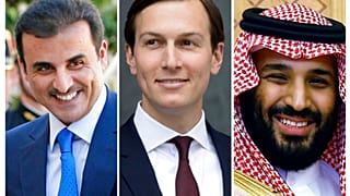 ولي العهد السعودي، محمد بن سلمان، وجاريد كوشنر مستشار الرئيس الأمريكي السابق دونالد ترامب، وأمير قطر تميم بن حمد آل ثاني