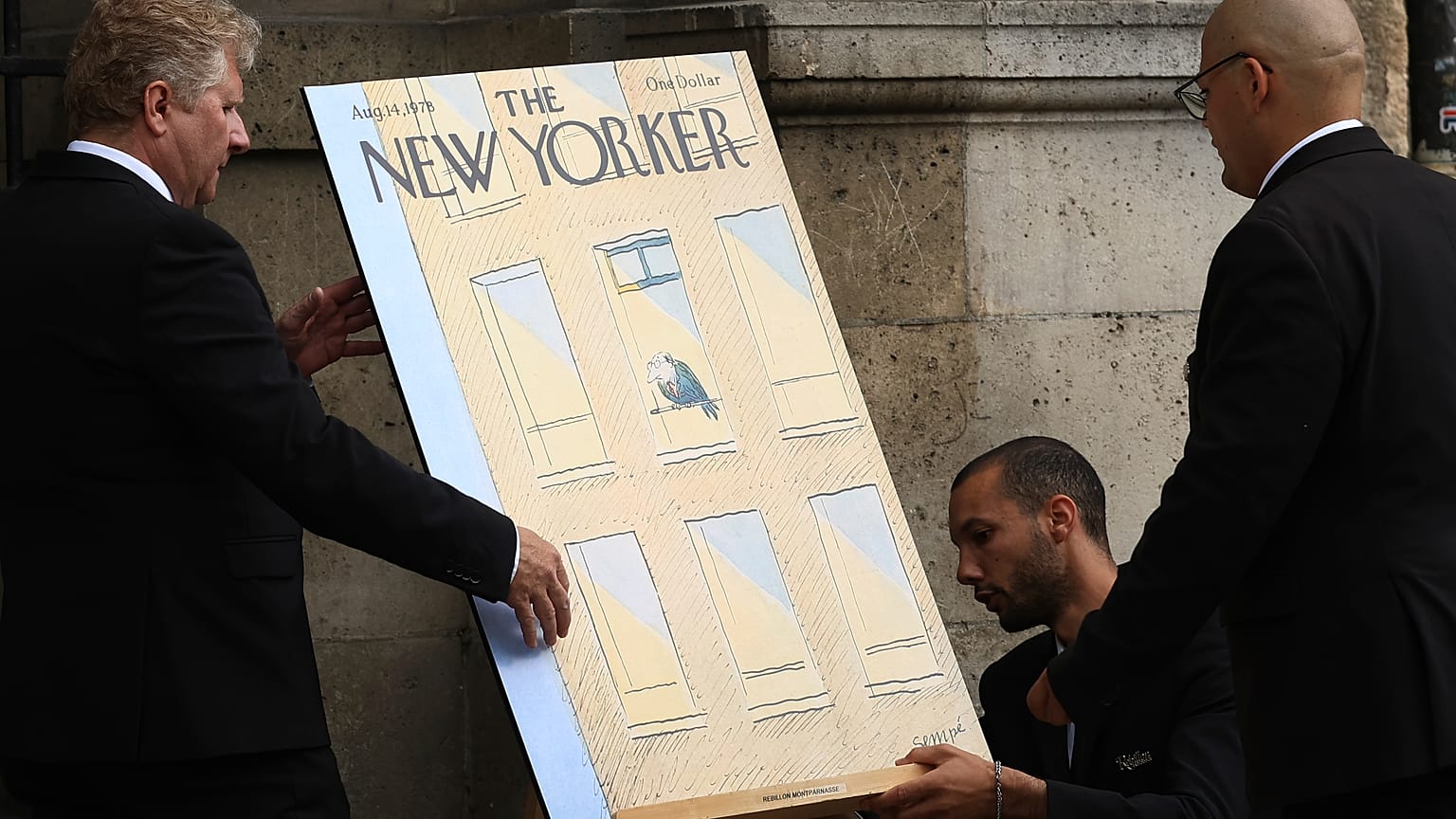 Una delle copertine di Sempé esposta al suo funerale