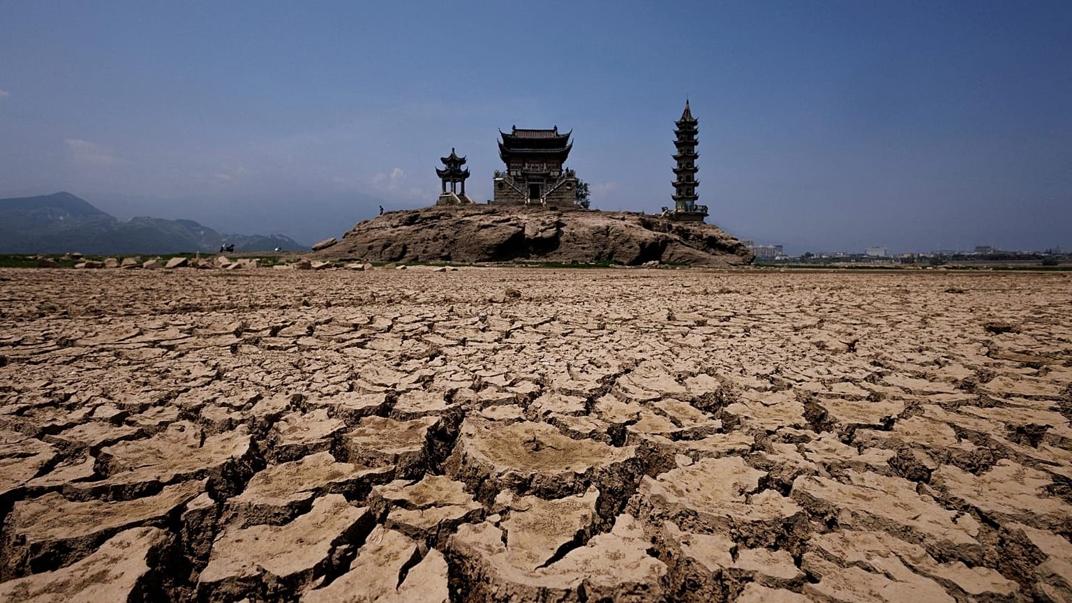 A view of pagodas on Louxingdun island that usually remain partially submerged under the water of Poyang Lake. 