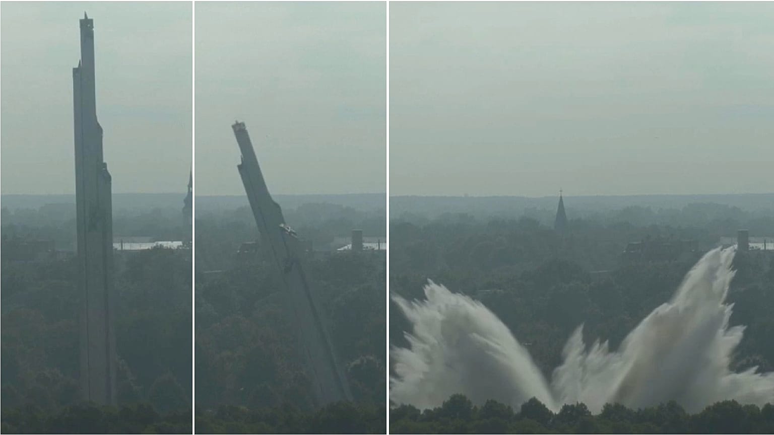 The Monument to the Liberators of Soviet Latvia and Riga from the German Fascist Invaders falls during demolition in Riga, 25 August 2022