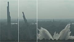 The Monument to the Liberators of Soviet Latvia and Riga from the German Fascist Invaders falls during demolition in Riga, 25 August 2022