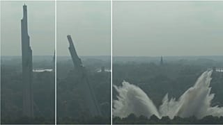 The Monument to the Liberators of Soviet Latvia and Riga from the German Fascist Invaders falls during demolition in Riga, 25 August 2022
