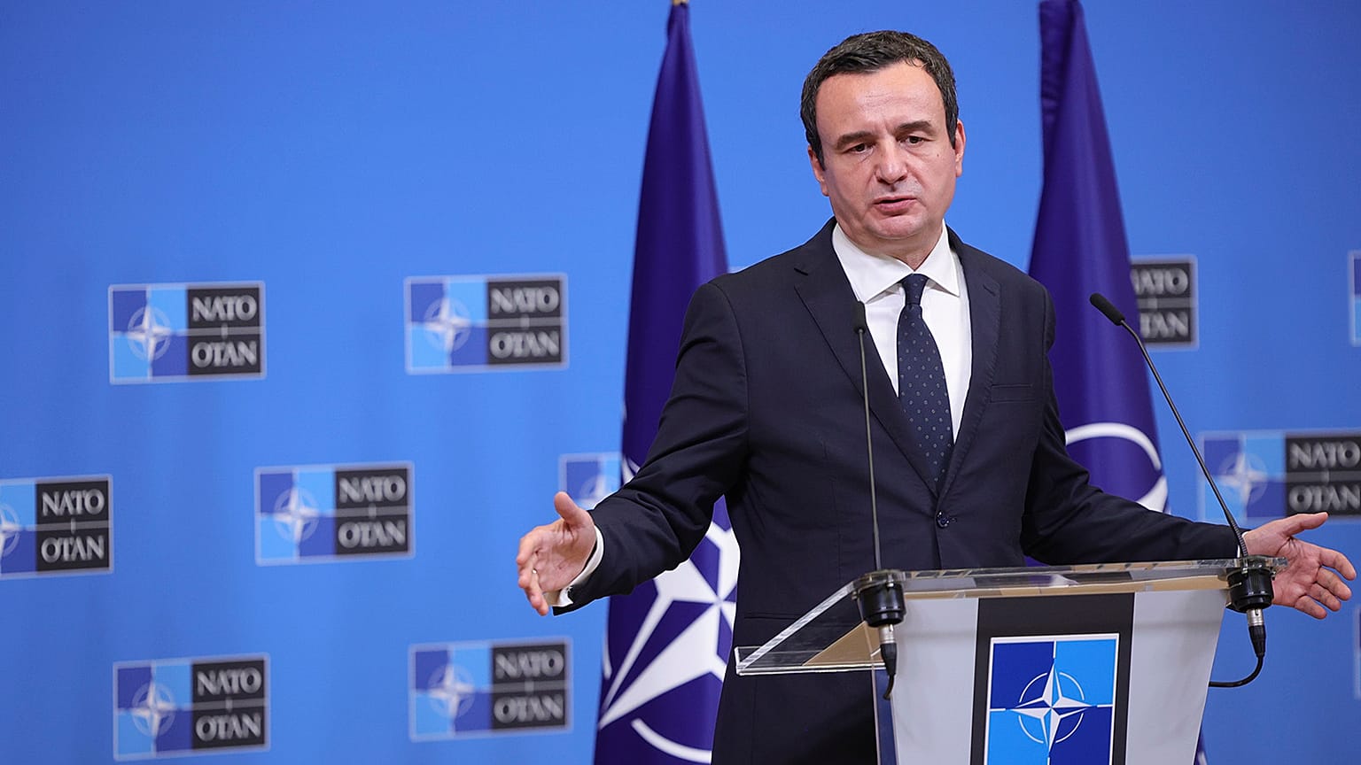 Kosovo's Prime Minister Albin Kurti address a media conference after a meeting with NATO Secretary General Jens Stoltenberg in Brussels, 19 August 2022