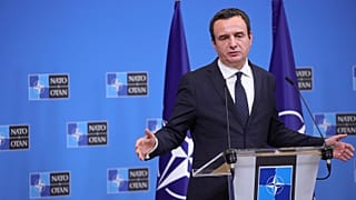 Kosovo's Prime Minister Albin Kurti address a media conference after a meeting with NATO Secretary General Jens Stoltenberg in Brussels, 19 August 2022
