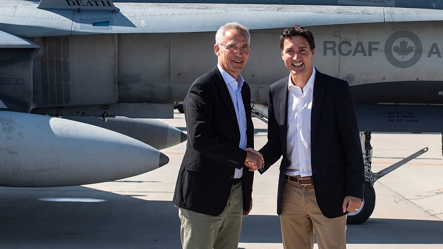 NATO Secretary General Jens Stoltenberg and Prime Minister Justin Trudeau say goodbye at 4 Wing Cold Lake air base in Cold Lake Alta,. 
