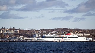 A ferry anchored in the harbour town of Visby on the island of Gotland.
