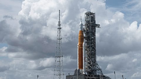 NASA's Space Launch System (SLS) rocket with the Orion spacecraft aboard, Tuesday, August 30, 2022, at NASA's Kennedy Space Center in Cape Canaveral, Florida. 
