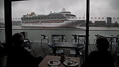 An Italian cruise ship is pictured leaving the port of Amsterdam in the Netherlands.