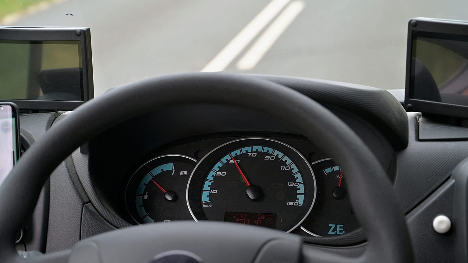 A picture taken on July 29, 2022 shows an inside view of the experimental driverless autonomous shuttle near Mezieres-en-Brenne, Central France