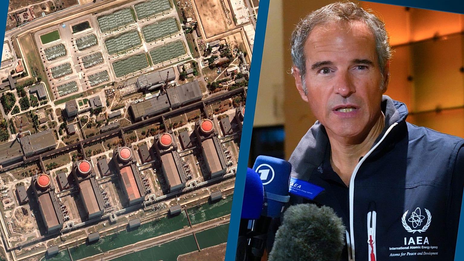 à g. image satellite de la centrale de Zaporijjia (crédit : Maxar Technologies). À d., Rafael Grossi, directeur général de l'AIEA à Kyiv le 31 août 2022