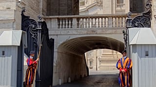  Two members of the Swiss Guards on duty at one of the entrances to the closed-off parts of The Vatican