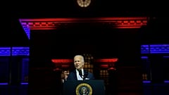 US President Joe Biden speaks outside Independence Hall, in Philadelphia.