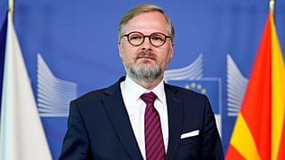 Czech Republic's Prime Minister Petr Fiala speaks to the media at the EU headquarters in Brussels.