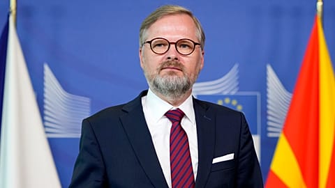 Czech Republic's Prime Minister Petr Fiala speaks to the media at the EU headquarters in Brussels.