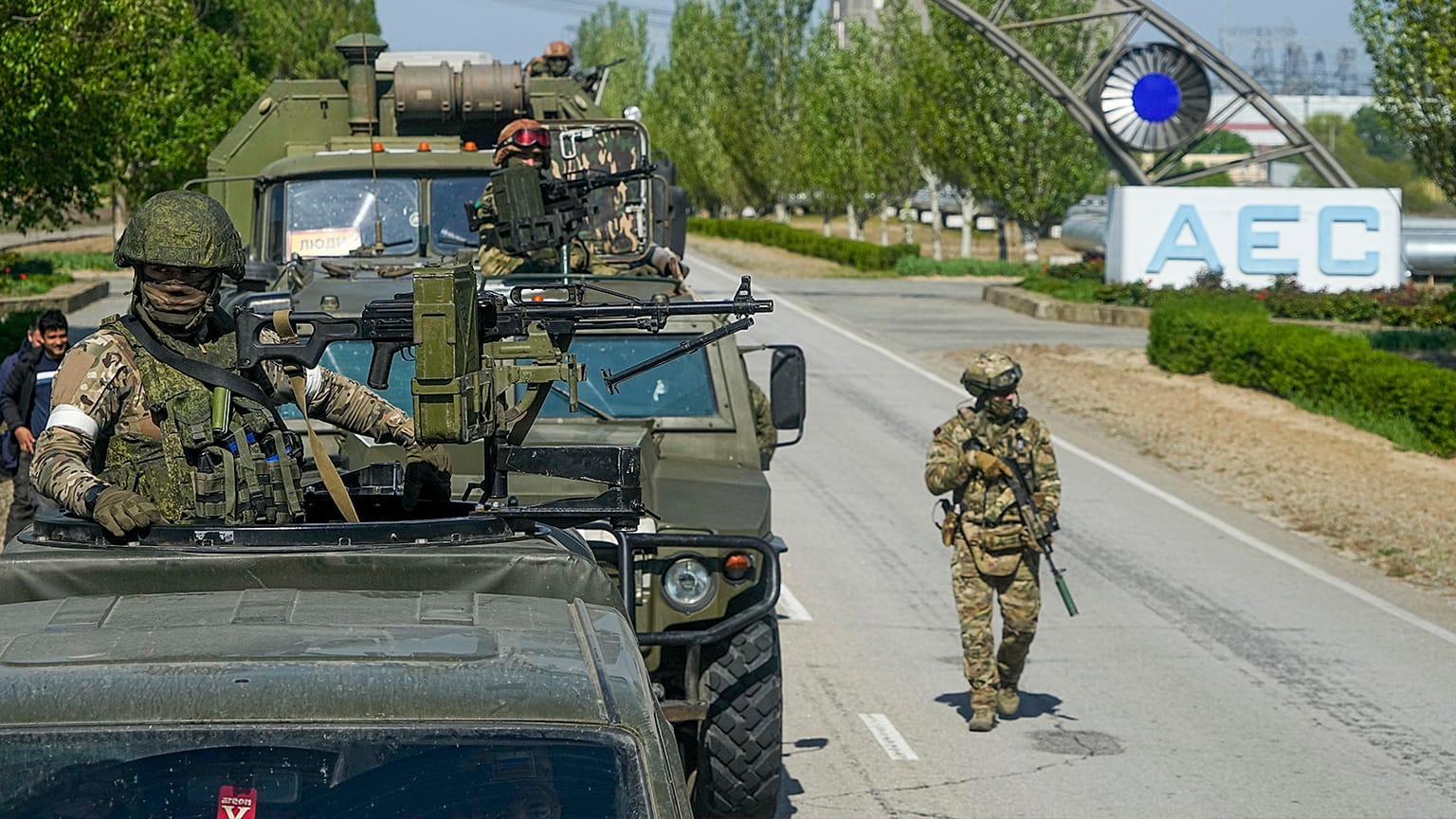 A Russian military convoy is seen on the road toward the Zaporizhzhia Nuclear Power Station, in Enerhodar, 1 May 2022