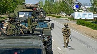 A Russian military convoy is seen on the road toward the Zaporizhzhia Nuclear Power Station, in Enerhodar, 1 May 2022