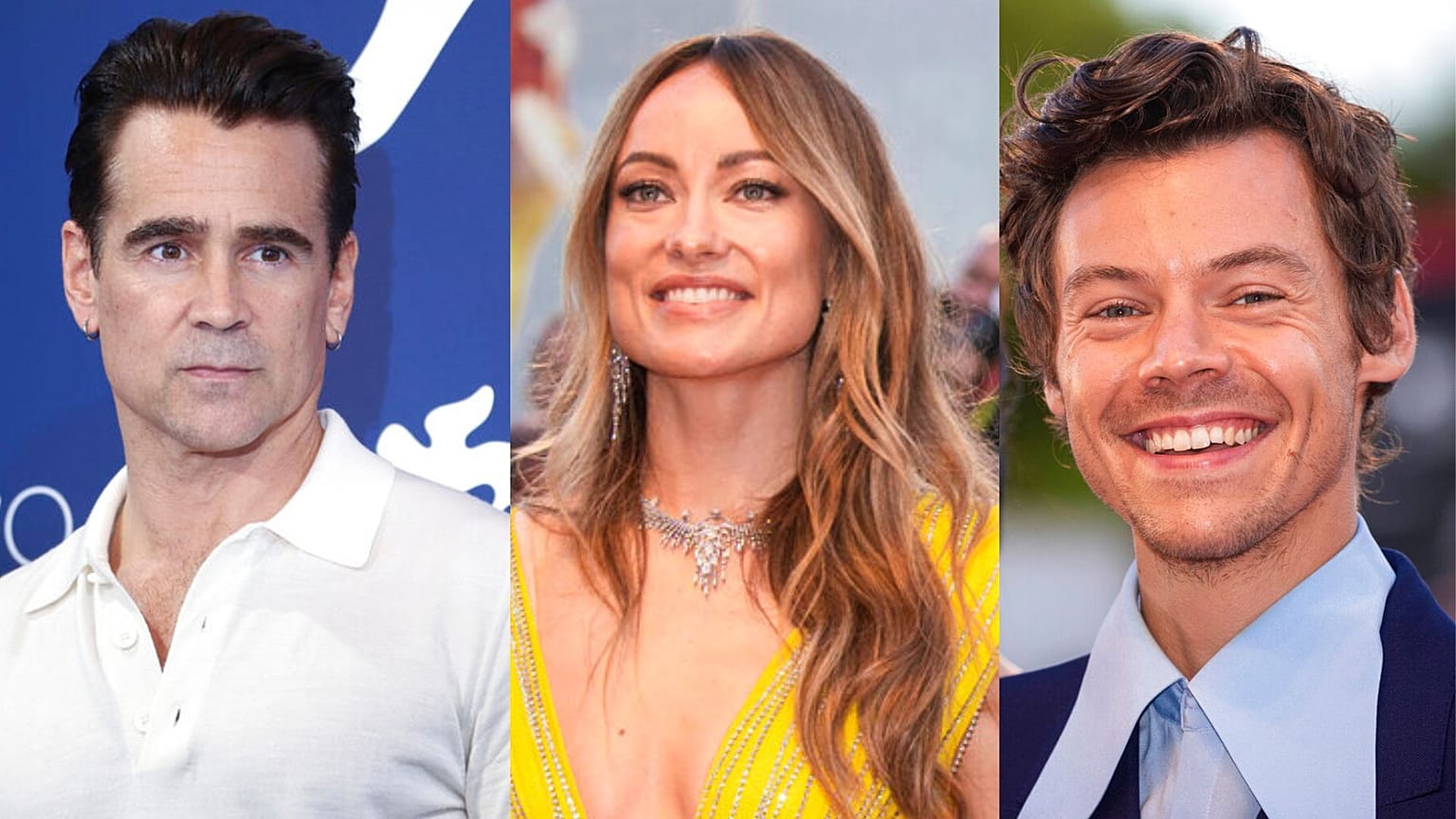 De g. à dr. : Colin Farrell, Olivia Wilde et Harry Styles à Venise (Italie), le 05/09/2022