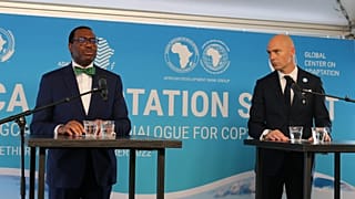 AfDB's Adesina Akinwumi (left) and GCA's Patrick Verkooijen at a joint press conference in Rotterdam. 