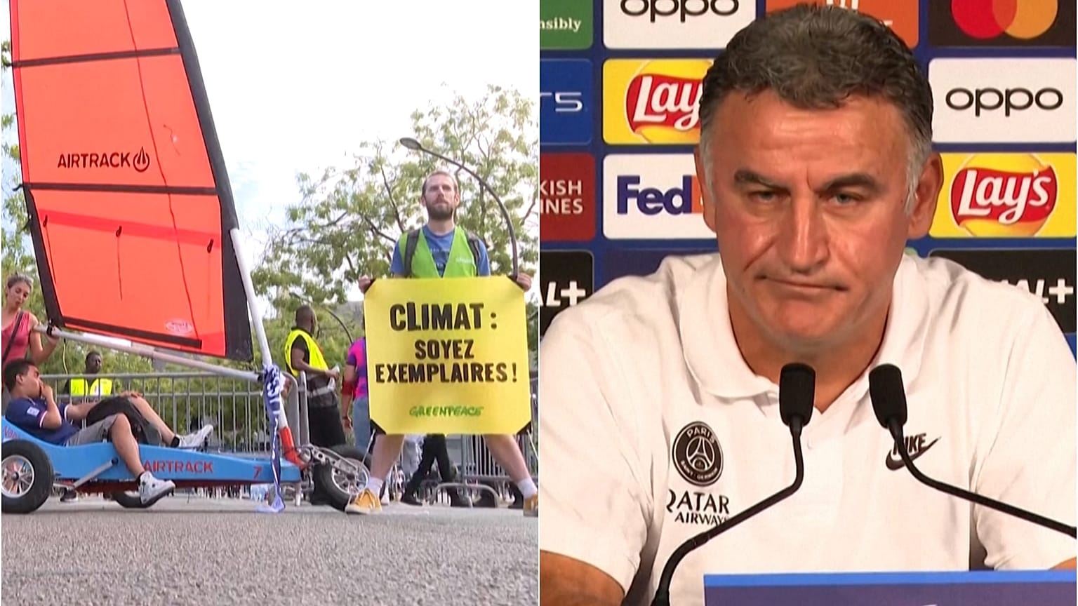 Greenpeace aktivistleri PSG Teknik Direktörü Christophe Galtier'i blokarta binerek protesto etti.