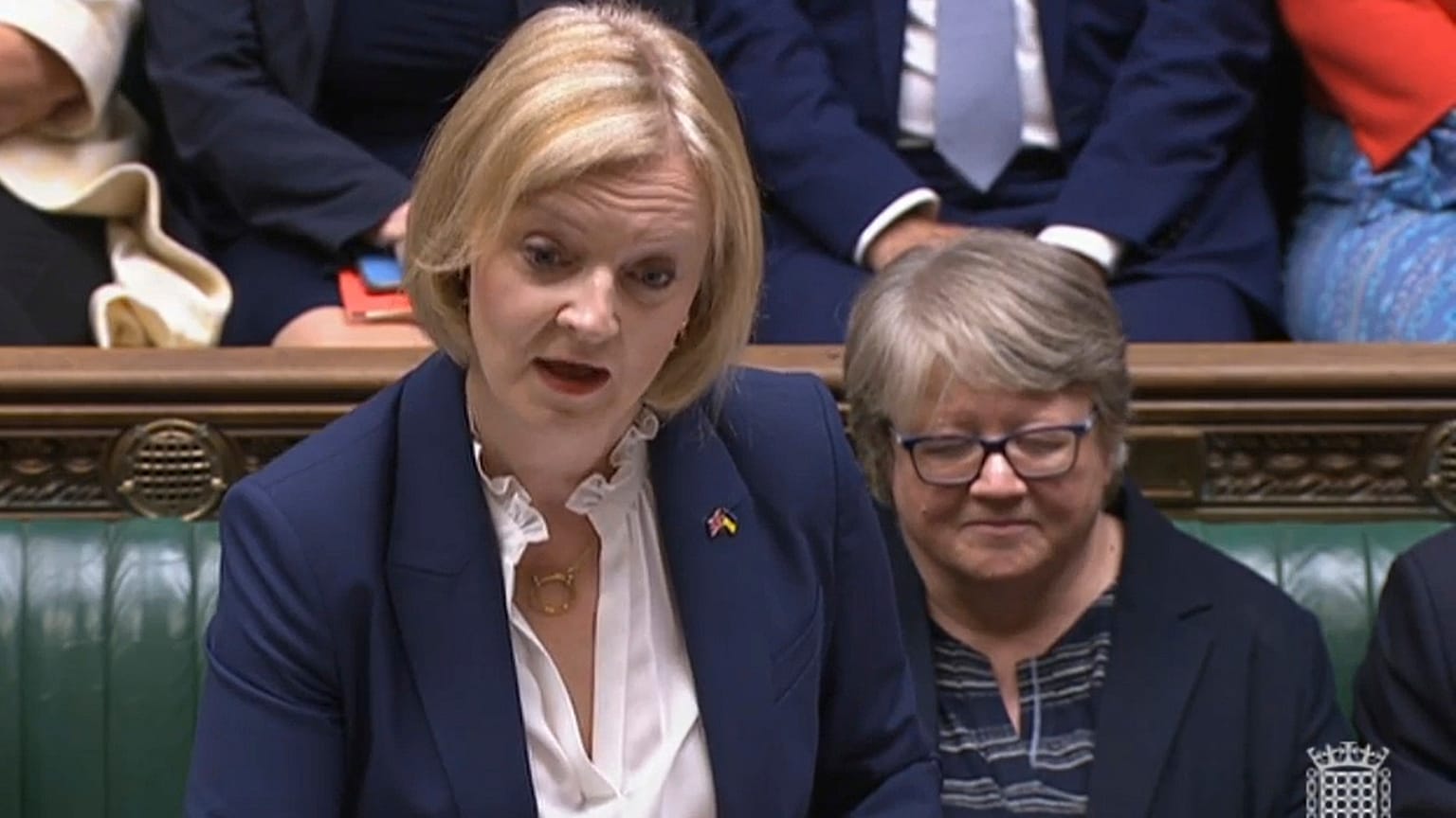 In this grab taken from video, Britain's Prime Minister Liz Truss speaks, during Prime Minister's Questions in the House of Commons, London, Wednesday, Sept. 7, 2022