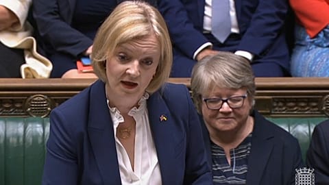 In this grab taken from video, Britain's Prime Minister Liz Truss speaks, during Prime Minister's Questions in the House of Commons, London, Wednesday, Sept. 7, 2022