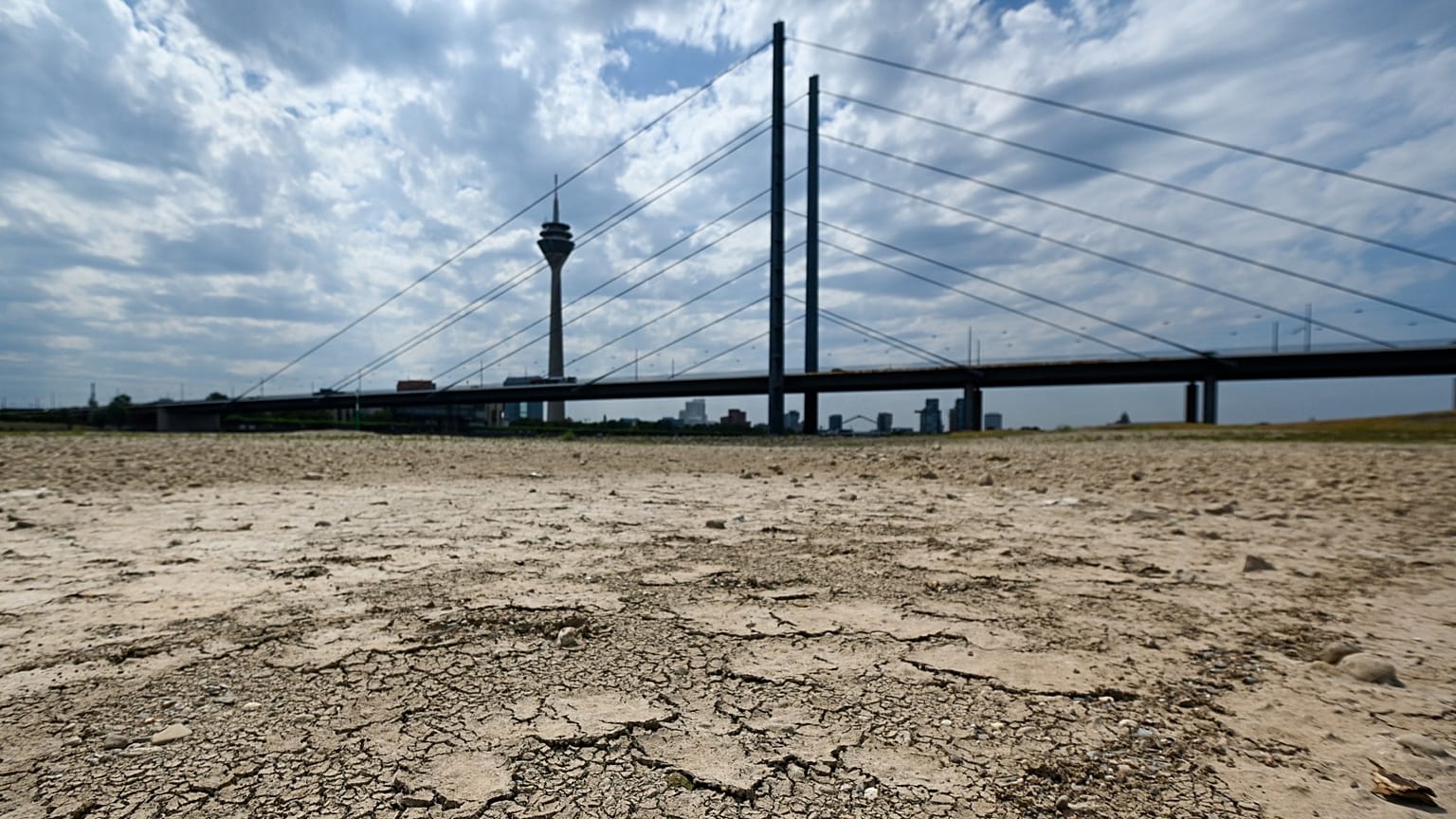 Archives : le lit du Rhin asséché à Düsseldorf, en Allemagne, le 25 juillet 2022