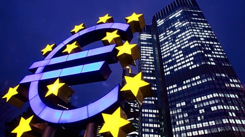 A giant Euro symbol stands in front of the European Central Bank (ECB) in Frankfurt, Germany. 