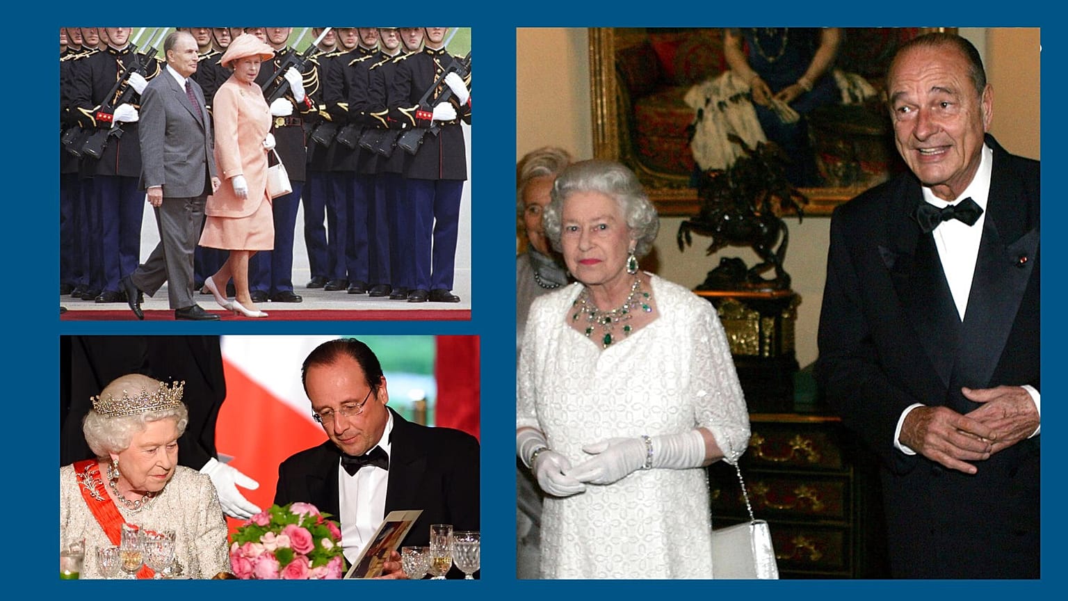 La reine Elizabeth II avec les présidents français François Mitterrand (en ht à g.), François Hollande (en bas à g.) et Jacques Chirac (à dr.)