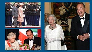 La reine Elizabeth II avec les présidents français François Mitterrand (en ht à g.), François Hollande (en bas à g.) et Jacques Chirac (à dr.)