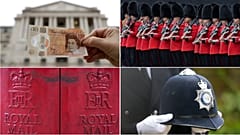 Clockwise from top left: A banknote, the Queen's Guard, a UK police helmet and a postbox.