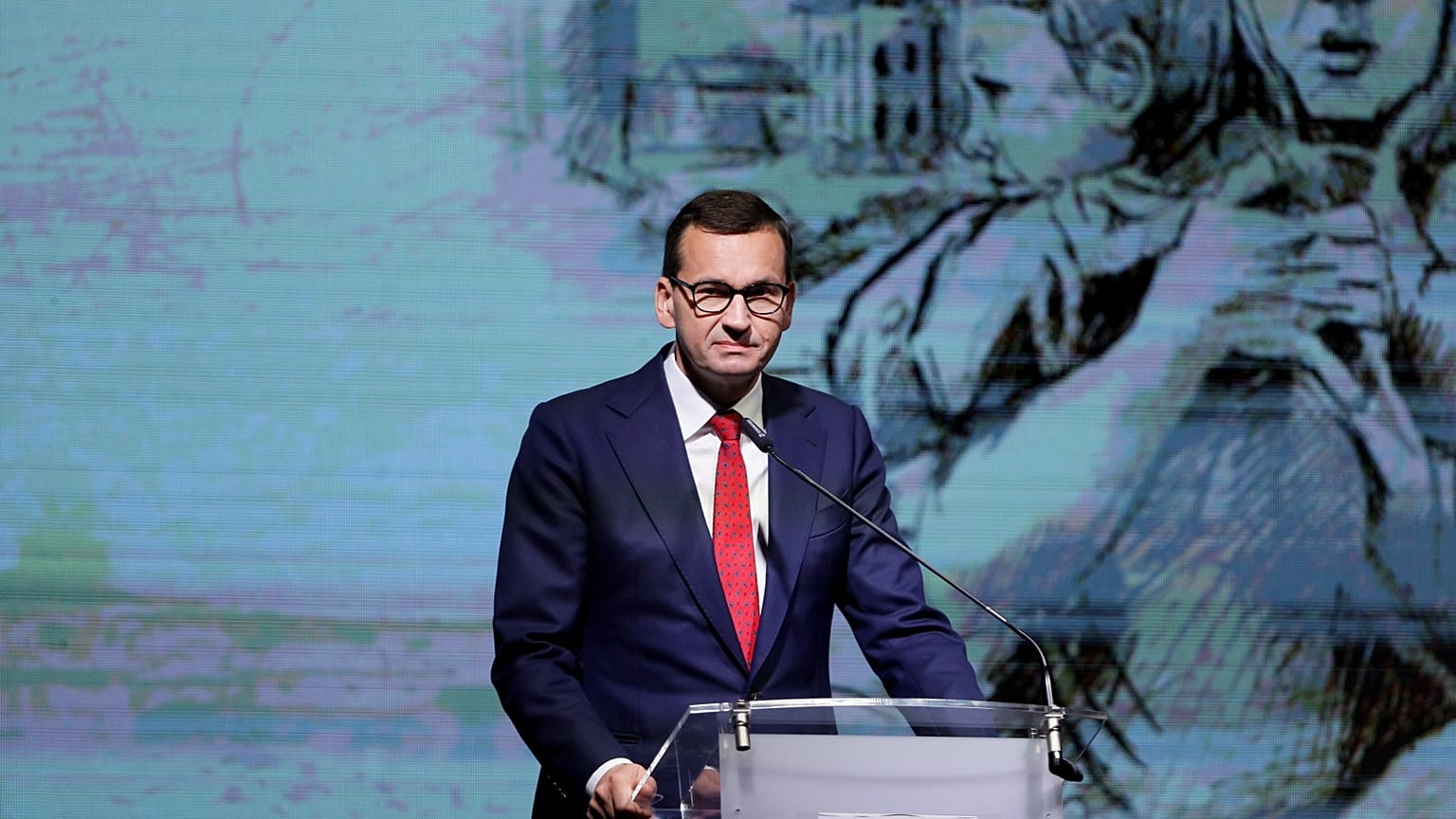 Mateusz Morawiecki egy második világháborús lengyel megemlékezésen 