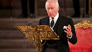 Britain's King Charles III speaks at Westminster Hall.