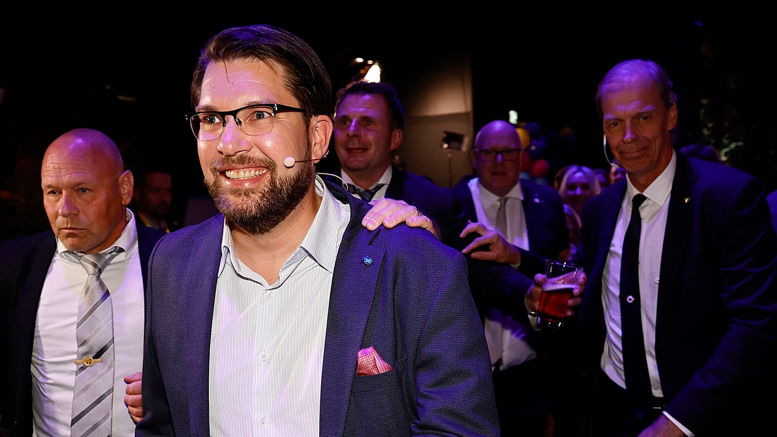 The leader of the Sweden Democrats Jimmie Åkesson celebrates at the party's election watch at Elite Hotel Marina Tower Tower in Nacka, near Stockholm