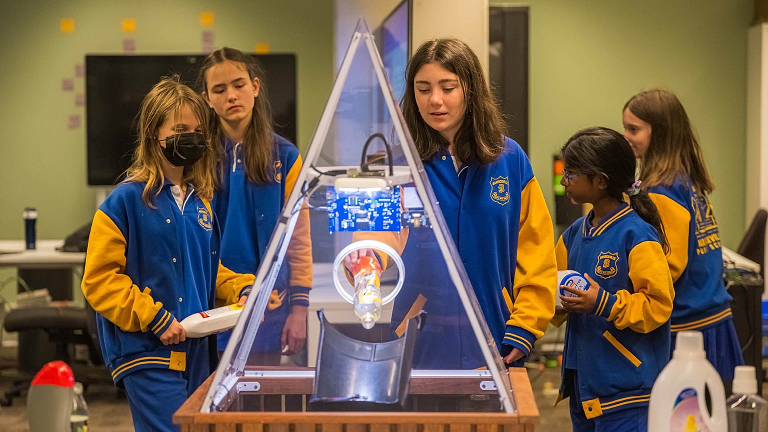 Year 6 students from Marrickville Public School in Australia test out the Smart Bin's recycling skills  