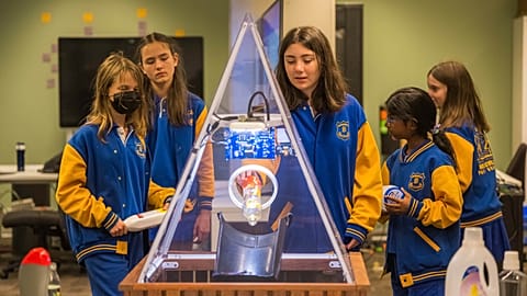 Year 6 students from Marrickville Public School in Australia test out the Smart Bin's recycling skills  
