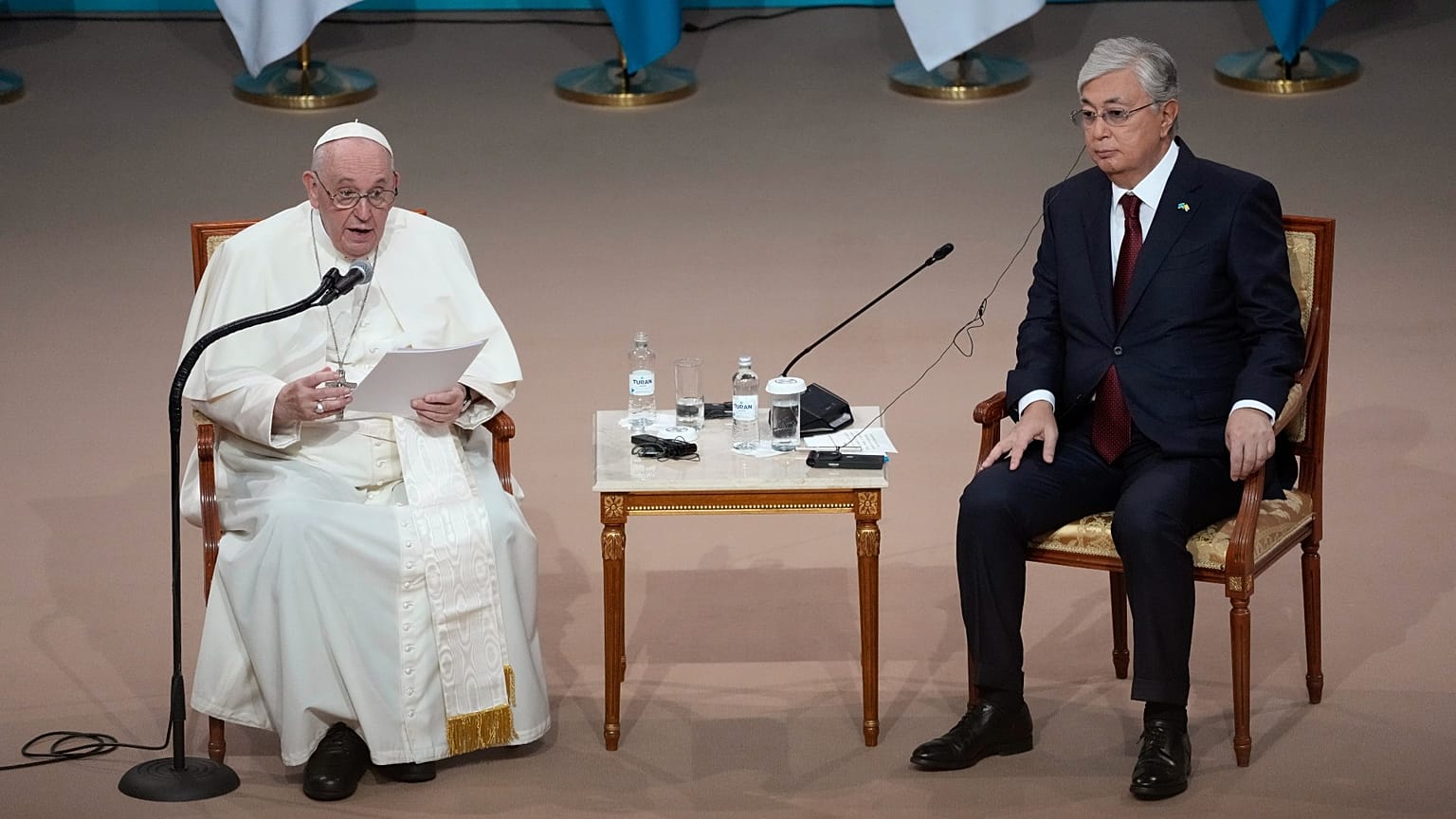 Pope Francis delivers his speech with Kazakhstan's President Kassym-Jomart Tokayev during a meeting with authorities, civil society and diplomats. 