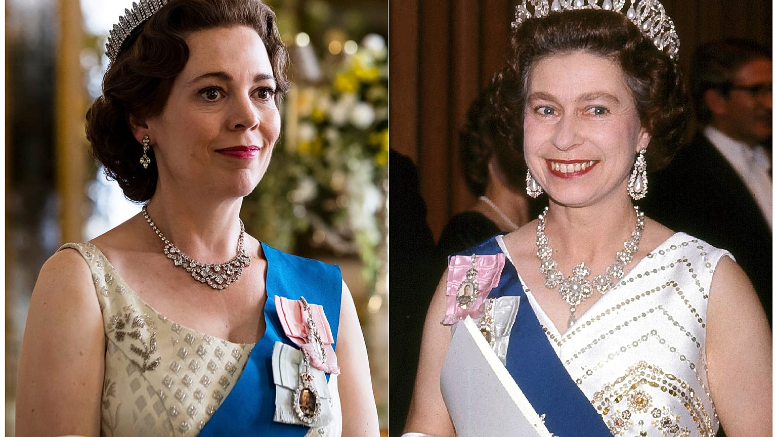 Olivia Colman portraying the Queen in the third season of 'The Crown'(L) and Queen Elizabeth II at the Sydney Opera House in Sydney, Australia