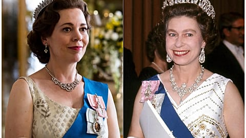 Olivia Colman portraying the Queen in the third season of 'The Crown'(L) and Queen Elizabeth II at the Sydney Opera House in Sydney, Australia