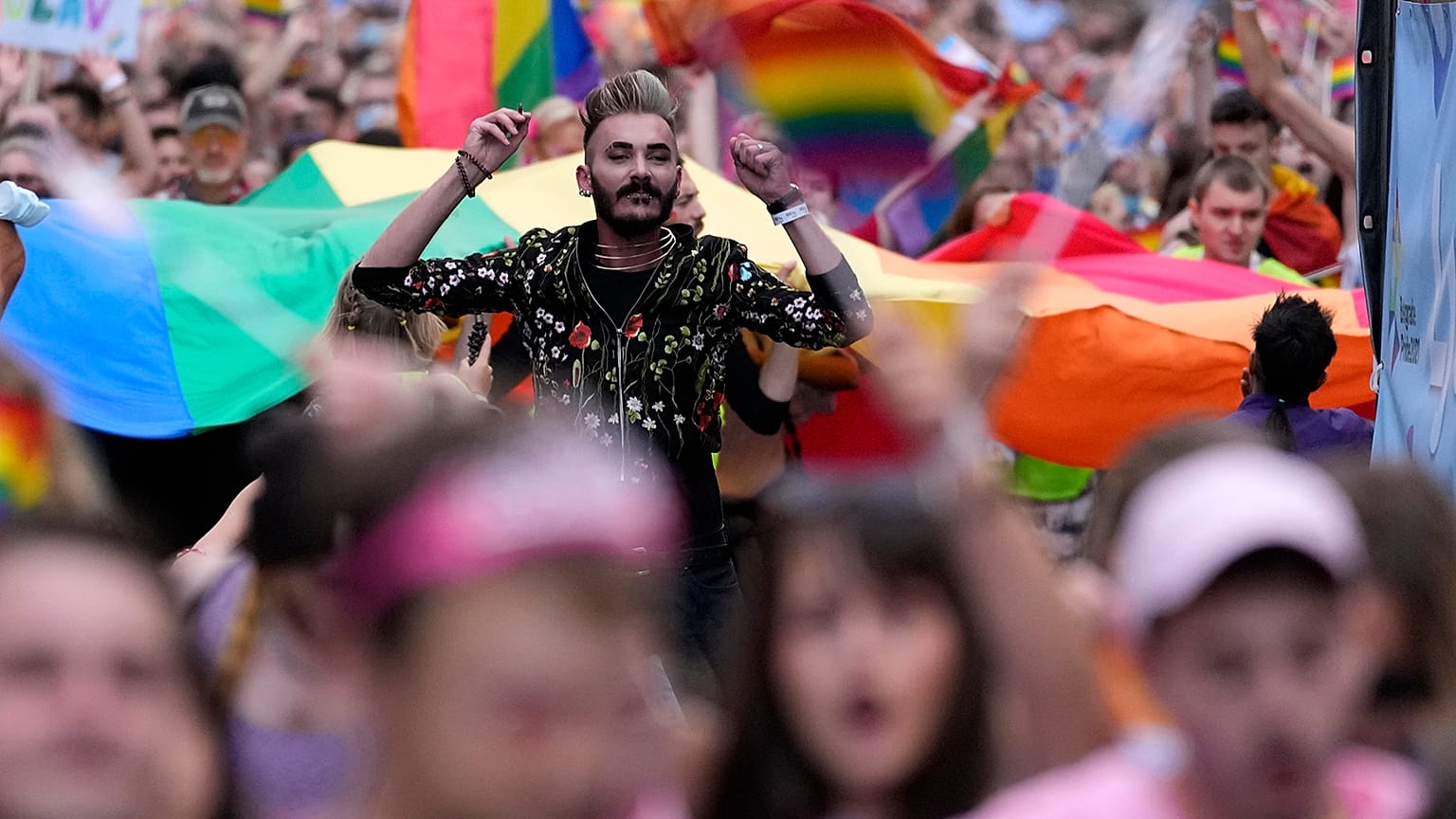Participants take part in the annual LGBT pride march in Belgrade, 18 September 2021