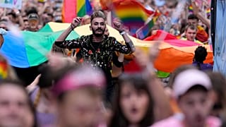 Participants take part in the annual LGBT pride march in Belgrade, 18 September 2021