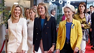 Olena Zelenska, the first lady of Ukraine, left, is welcomed by European Parliament President Roberta Metsola, centre, and European Commission President Ursula von der Leyen.