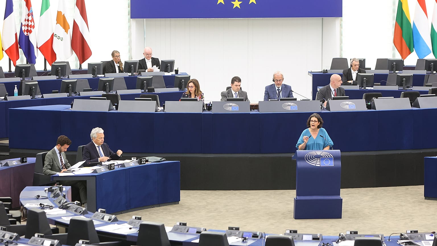 Gwendoline Delbos-Corfield francia zöldpárti EP-képviselő, a jelentés rapportőre a vitán